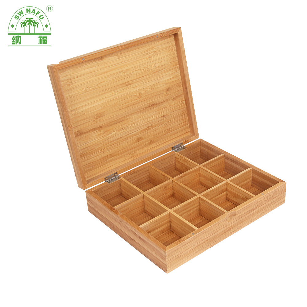 Custom Handmade High Quality Bamboo Tea Bag Box with 12 Compartments and Lid