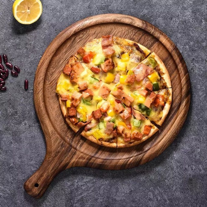 Round Acacia Wood Pizza Cutting Board with Handle