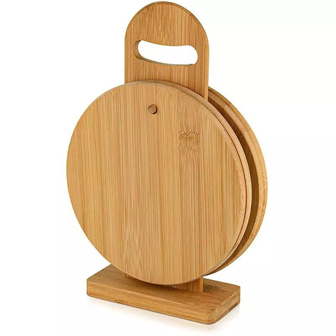 Round Shape Index Natural Bamboo Cutting Chopping Boards Set of 4 with Storage Stand