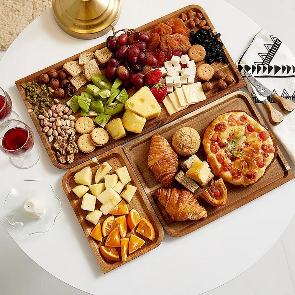 Rectangle 3 Sizes Acacia Wooden Foodplate Drink Coffee Serving Tray for Restaurant