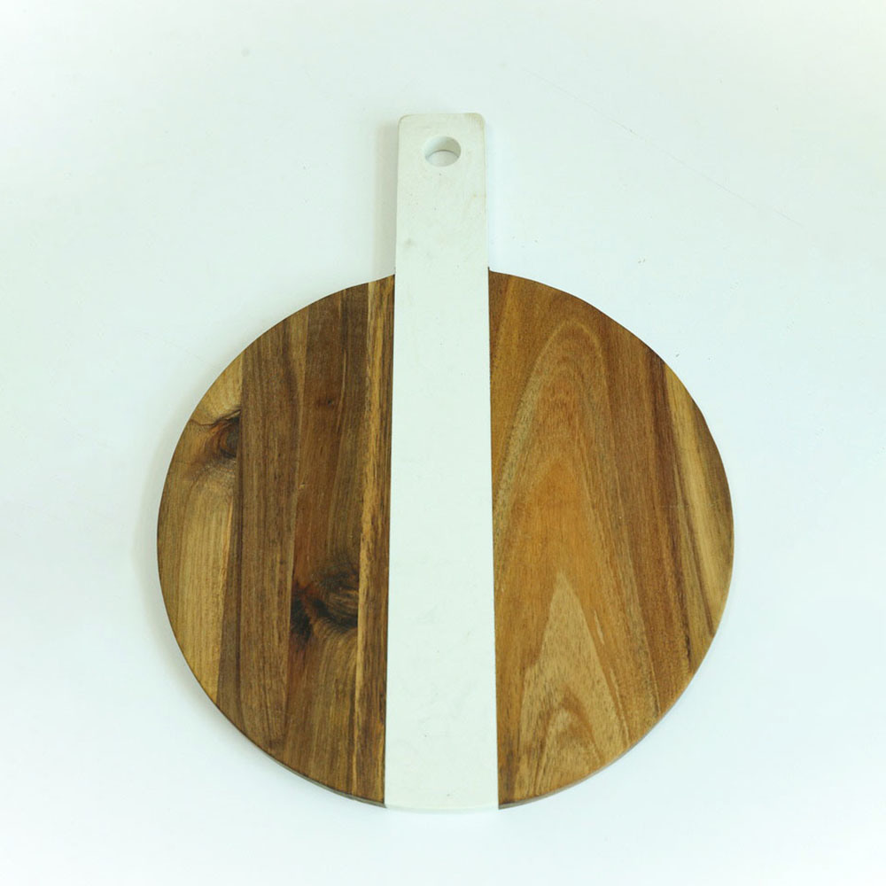 Large Round White Marble and Wood Paddle Cutting Board Cheese Board