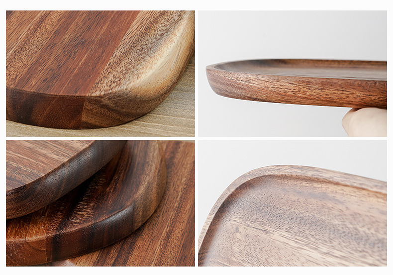 Manufacture Natural Oval and Round Shape Acacia Wood Dessert Tray Wood Food Dining Plate Set