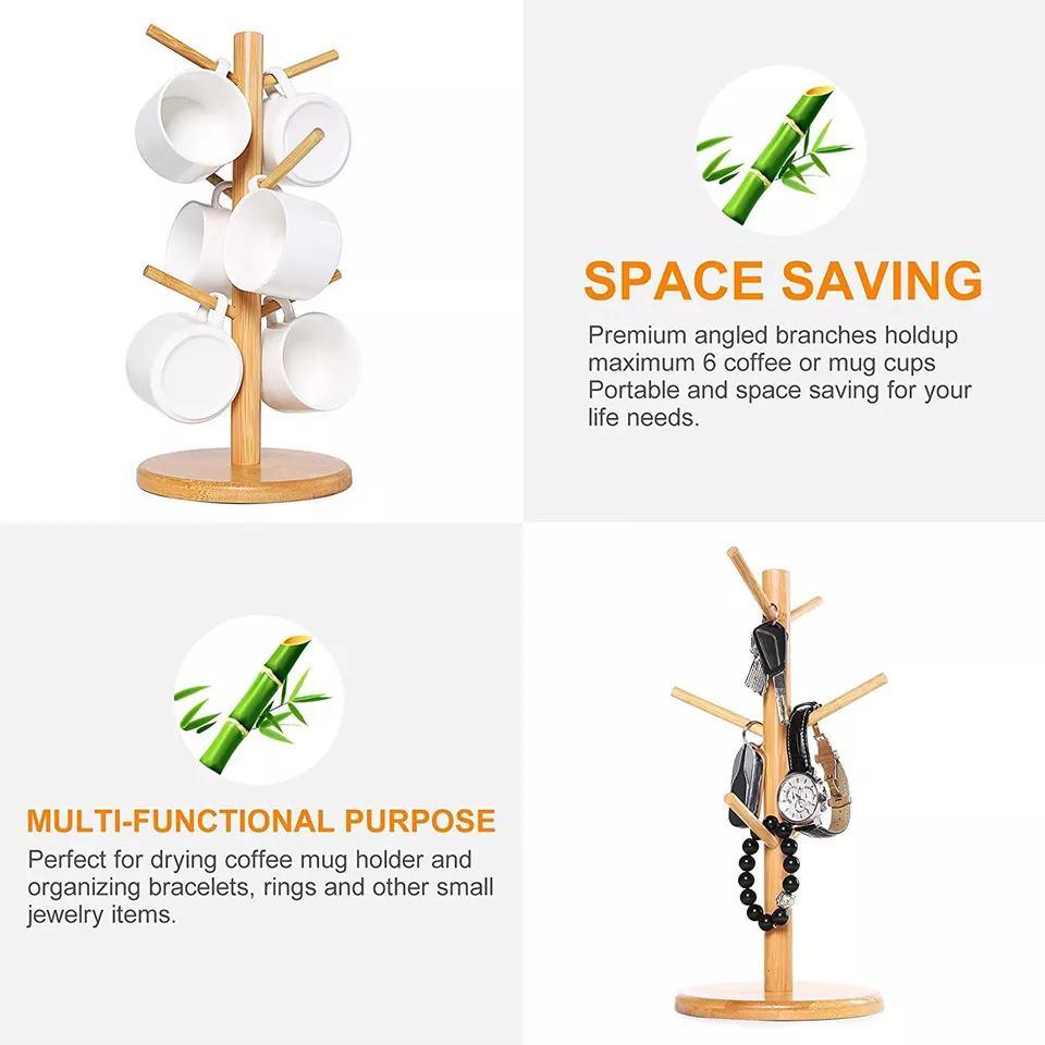 Bamboo Round Base Mug Holder Tree Stand Holder with Hooks for Coffee Cups Counter-Top