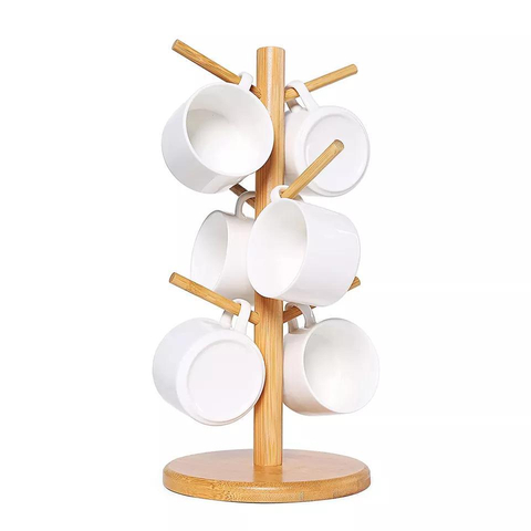 Bamboo Round Base Mug Holder Tree Stand Holder with Hooks for Coffee Cups Counter-Top