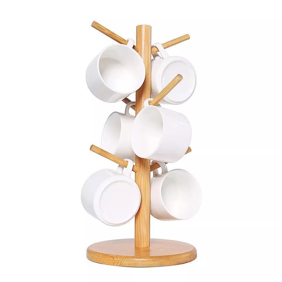 Bamboo Round Base Mug Holder Tree Stand Holder with Hooks for Coffee Cups Counter-Top