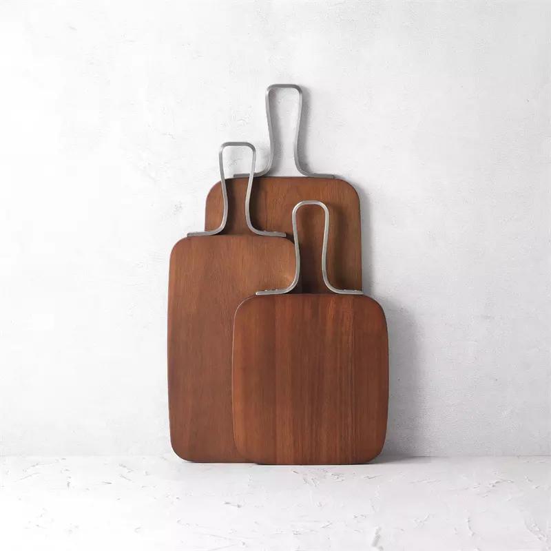 Acacia Wood Rectangle Serving Boards with Metal Hardware Handles