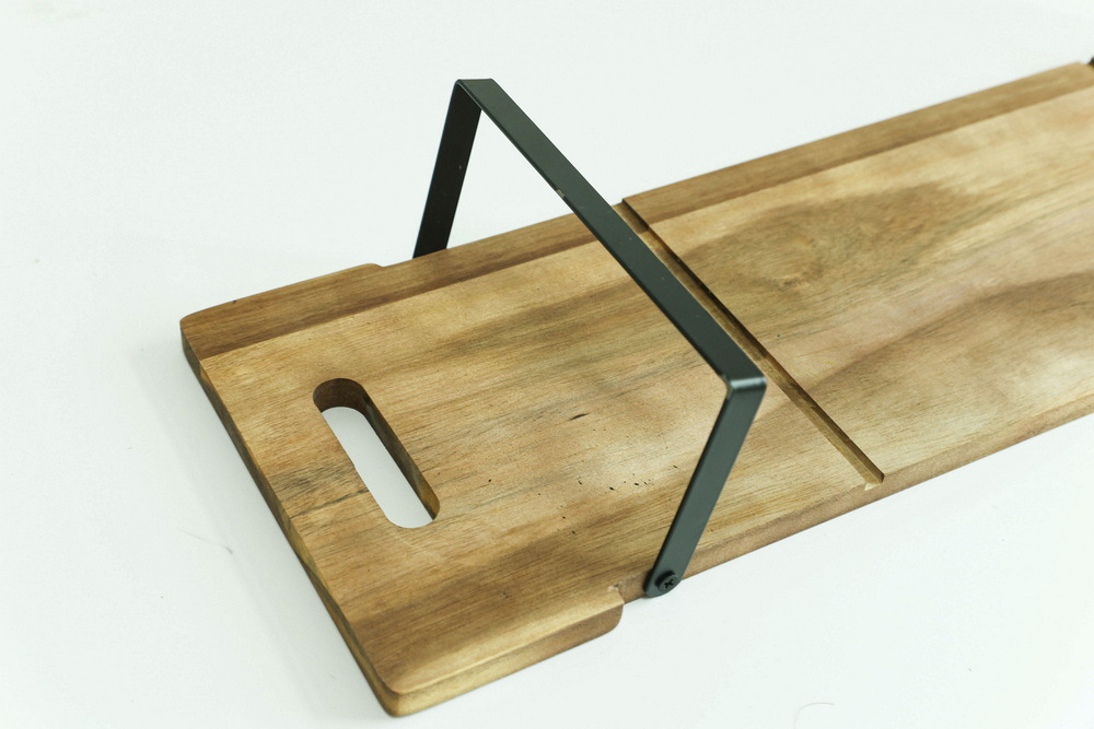 Long Wood Cutting Board Ottoman Wood Tray with Metal Handles for Food