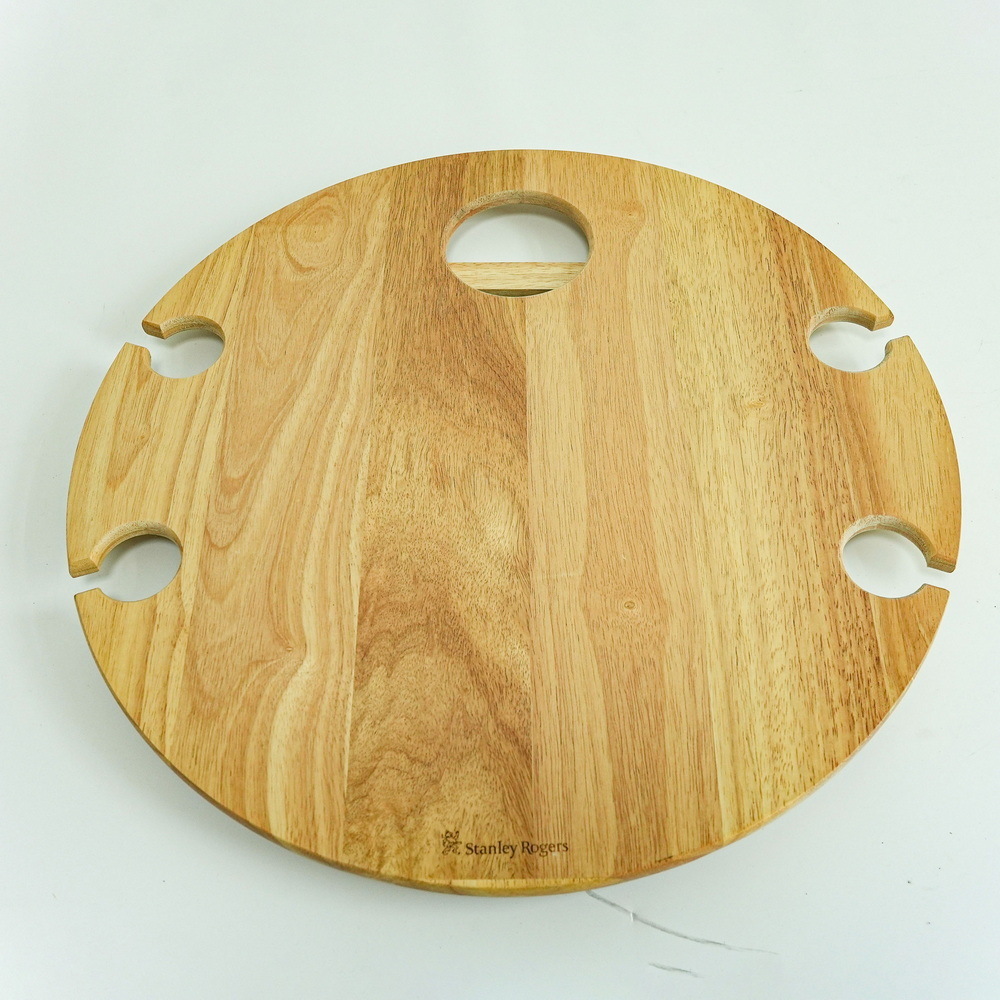 Natural Round Wood Picnic Table with 4 Bottle Rack Wine Glass Holder and Wine Table