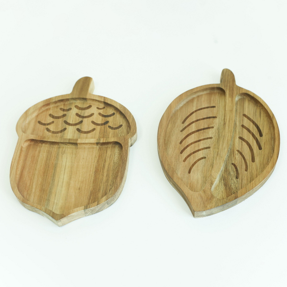 Leaf Shape Reusable Wooden Serving Platters Wood Plate for Snack Cake