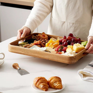 Natural Acacia Wooden Serving Tray with Handle for Coffee Tea Cake Breakfast