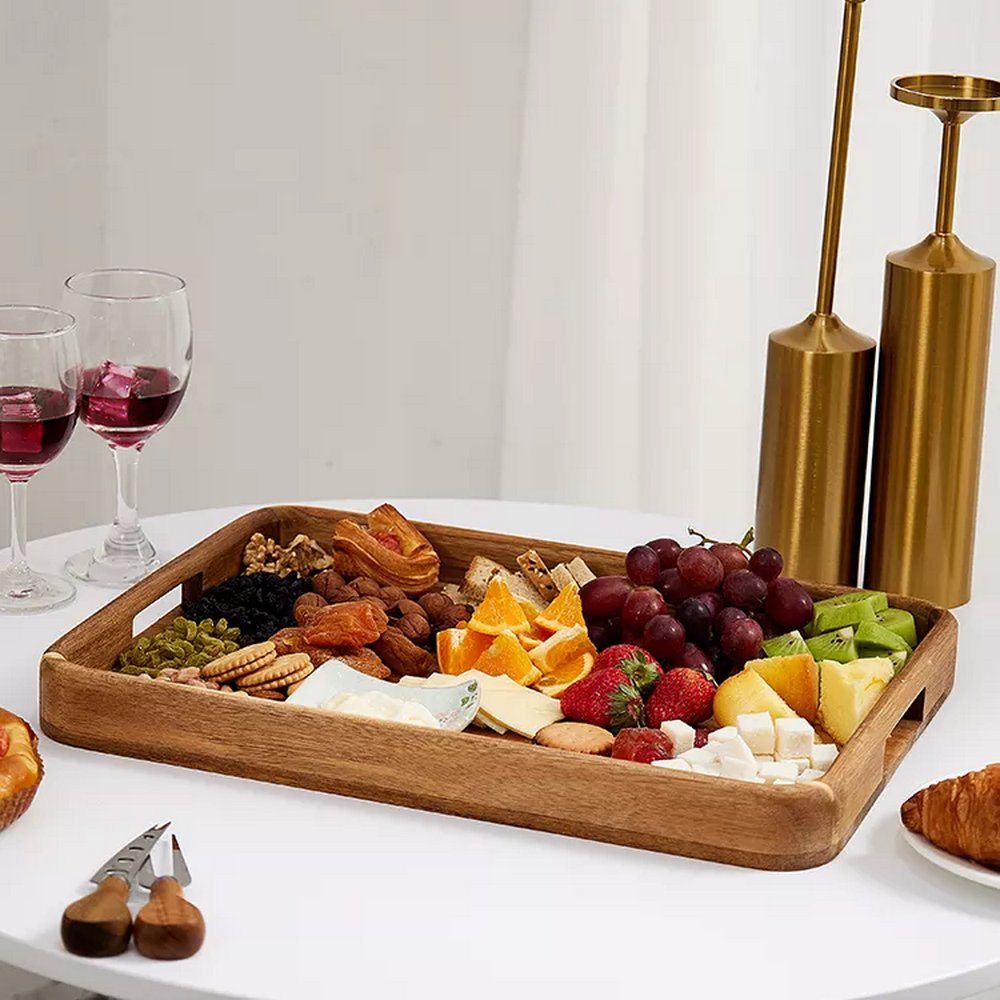 Natural Acacia Wooden Serving Tray with Handle for Coffee Tea Cake Breakfast