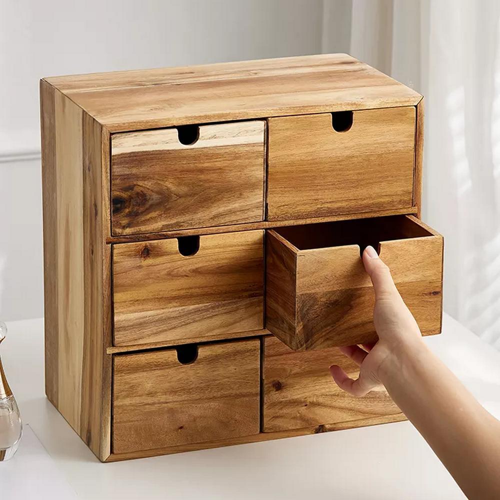 Custom Acacia Wood 3 Tier 6 Grid Sundries Storage Organizer Box Drawer