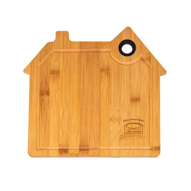 Smart House Shaped Bamboo Cutting Board with Juice Groove and Silicone Hanging Hole
