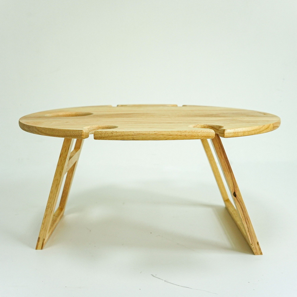 Natural Round Wood Picnic Table with 4 Bottle Rack Wine Glass Holder and Wine Table