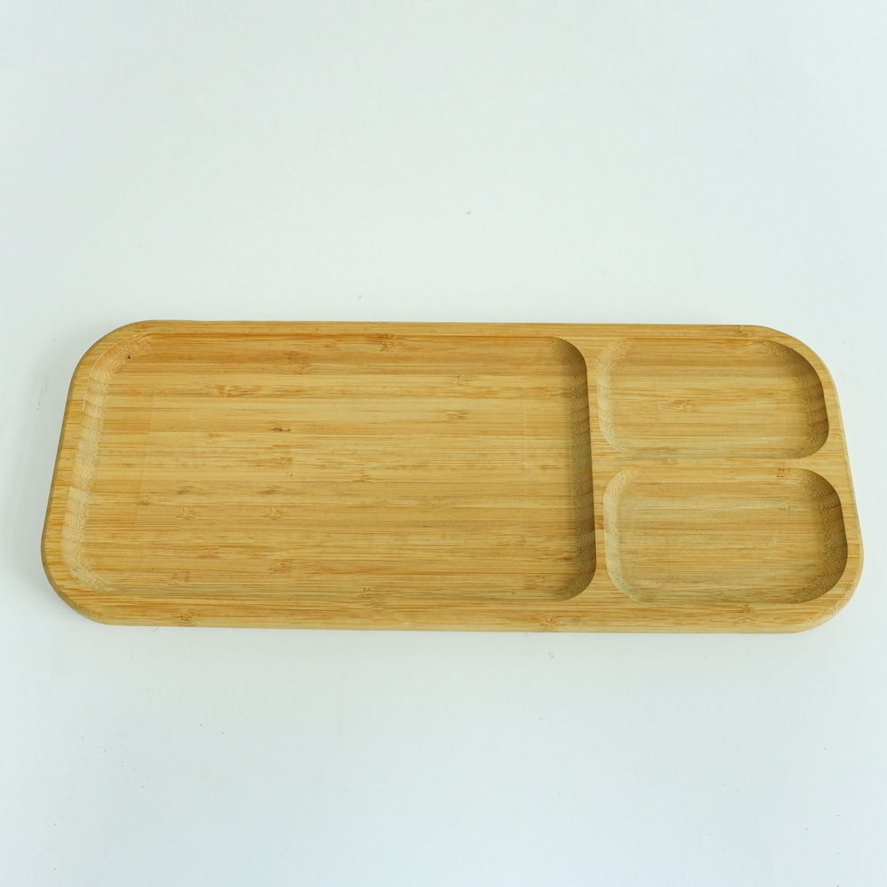 Three Compartments Bamboo Portion Plate Divided Dinner Snack Plates