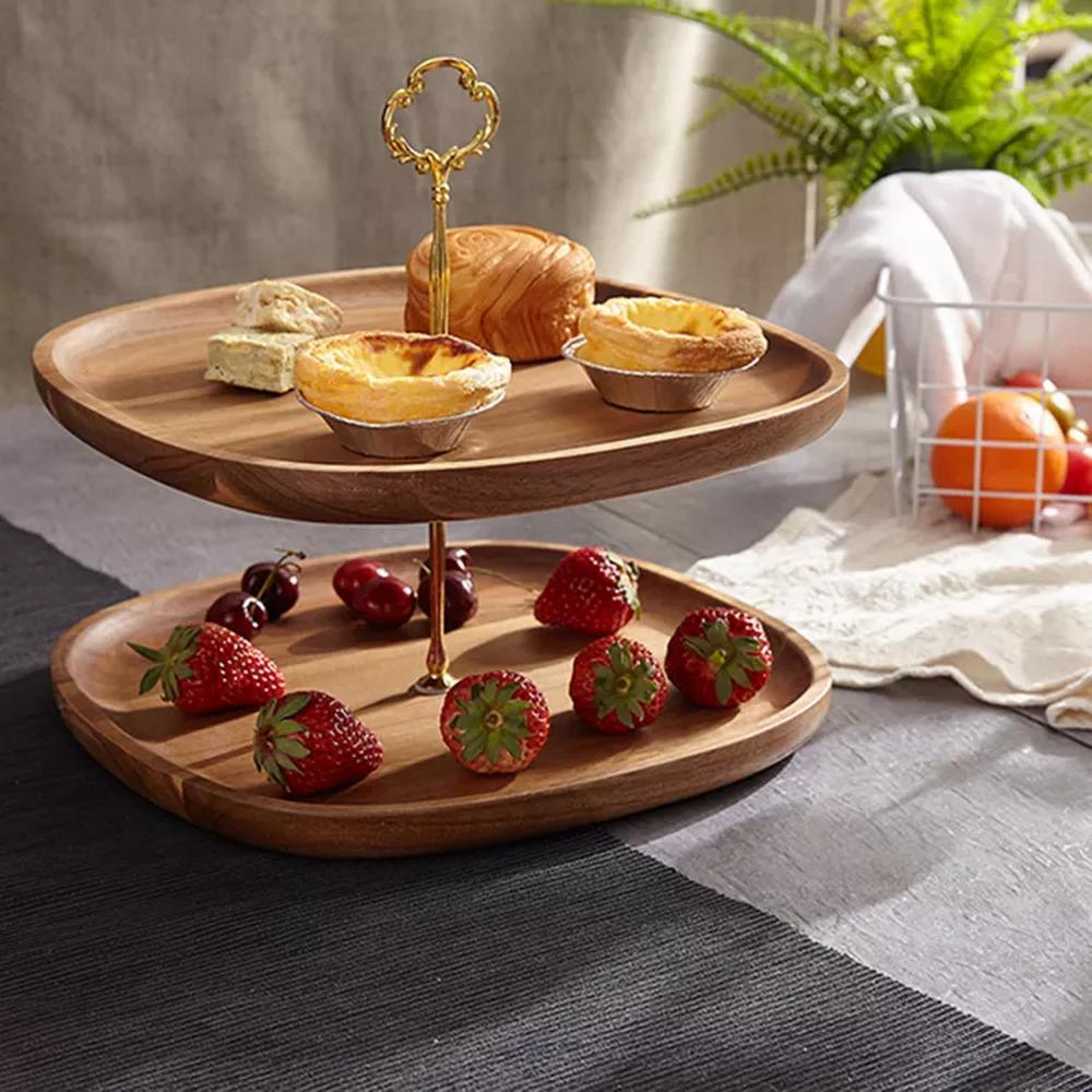 Wholesale Restaurant Party 2 Tier Acacia Wooden Cake Serving Tray Stand