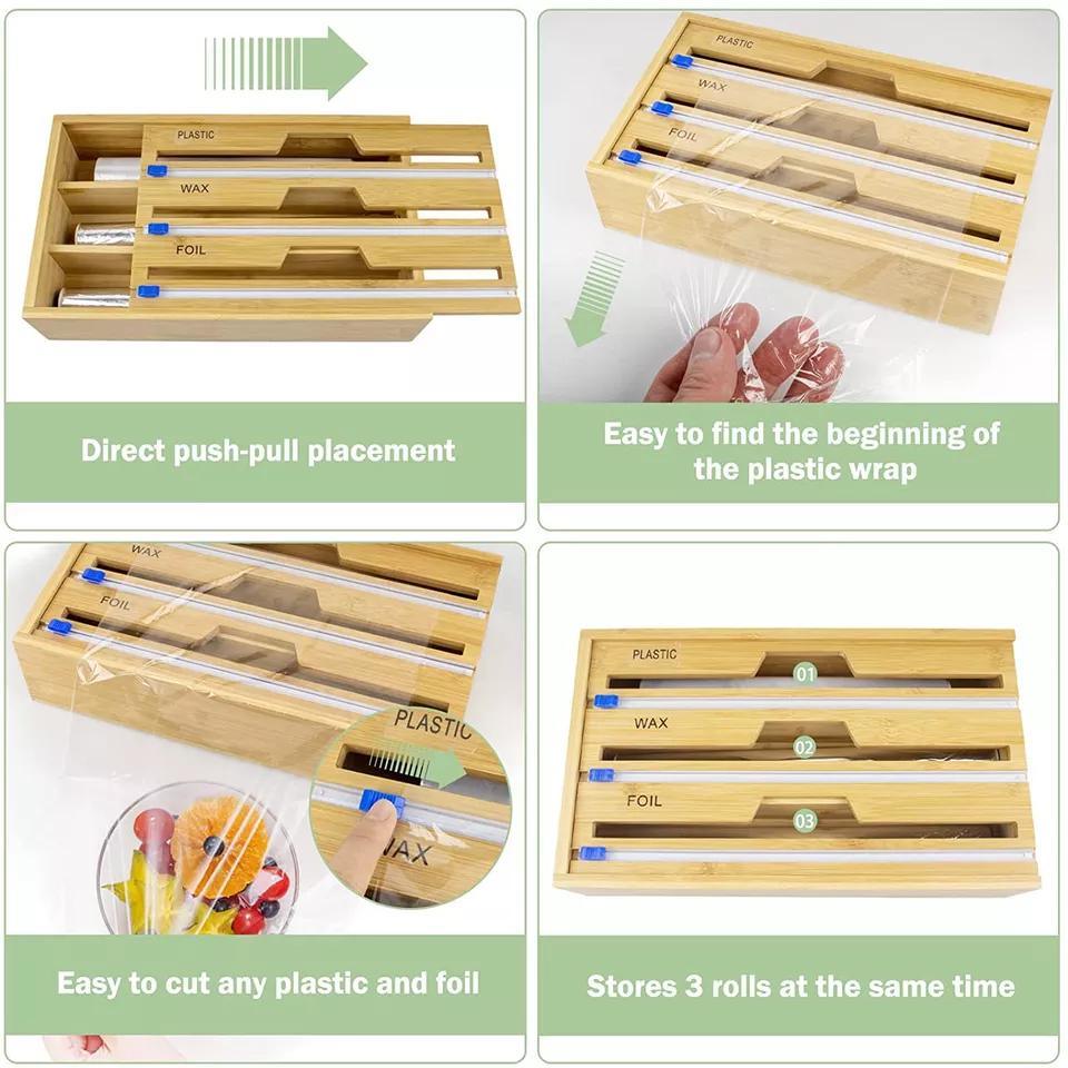 Hot-Sale Wholesale Bamboo 3 in 1 Plastic Wrap Foil Wax Storage Organizer with Removable Front Cover for Kitchen