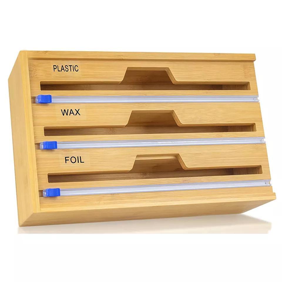 Hot-Sale Wholesale Bamboo 3 in 1 Plastic Wrap Foil Wax Storage Organizer with Removable Front Cover for Kitchen