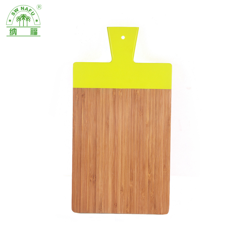 Unique Design Paddle Shape Thick Color Coding Bamboo Pizza Cheese Cutting Board with Handle