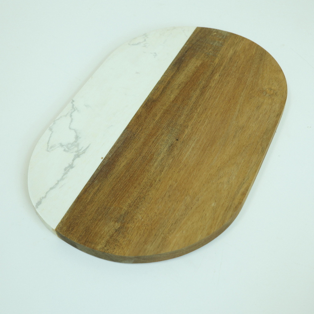 Oval Shape Acacia Wood and White Marble Cutting Board Cheese Board Serving Board