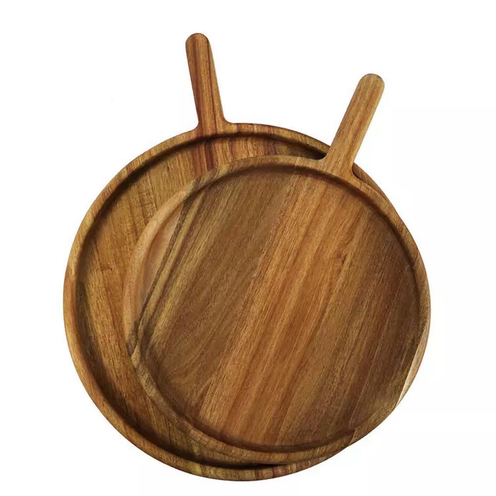 Custom Logo Round Shape Acacia Wood Serving Plate Serving Tray with Handle for Food Snack Dry Fruit