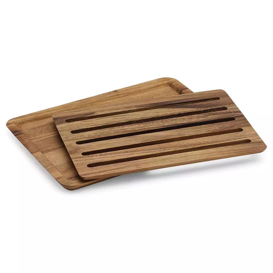 Conveniently Simple Acacia Wood Bread Board with Crumb Catcher Tray