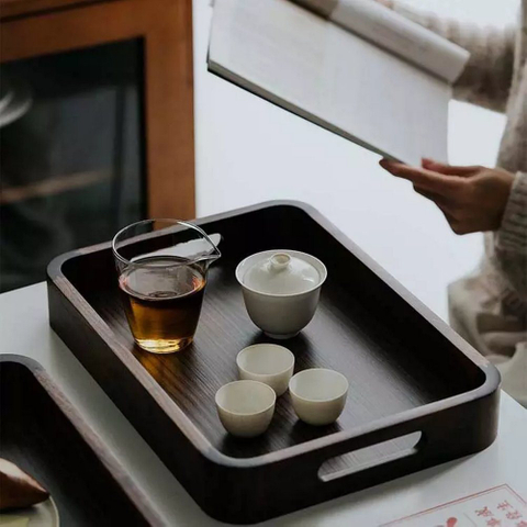 Custom Black Walnut Wood Serving Tray with Handles for Food Cake Breakfast Coffee