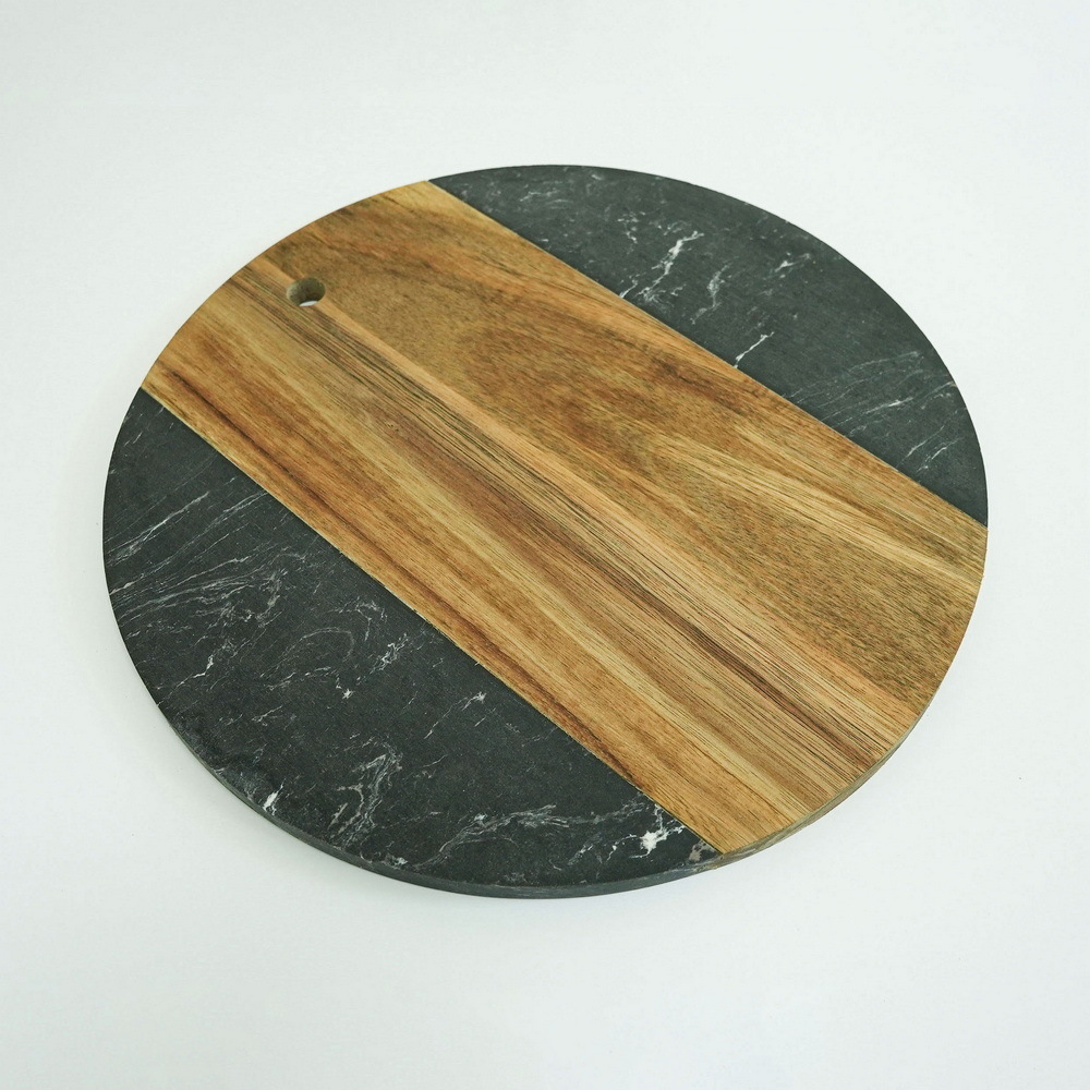 Multifunctional Round Shape Black Marble and Acacia Wood Cutting Board Chopping Board for Kitchen