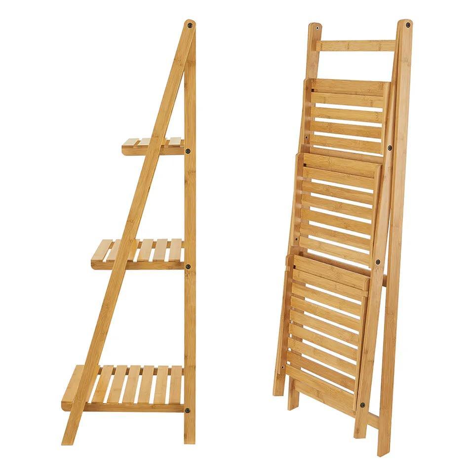 Free Standing 3 Layers Bamboo Wooden Ladder Storage Rack Organizer Display Shelf for Kitchen Bathroom Office