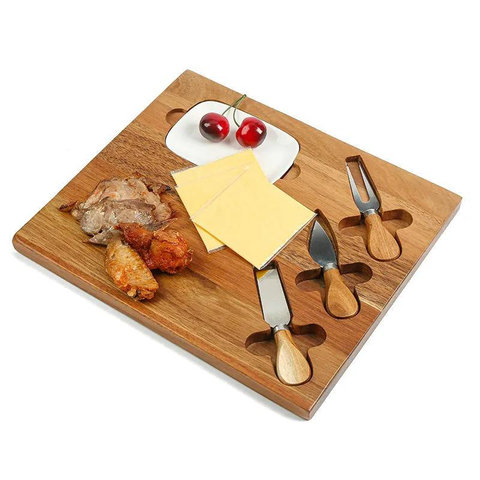 Acacia Wooden Cheese Board and Charcuterie Serving Board Platter with 3 Knives and Ceramic Bowl