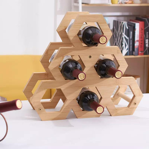 Countertop Honeycomb Hexagon Geometry Shape Bamboo Wine Bottle Display Shelf Holder Rack