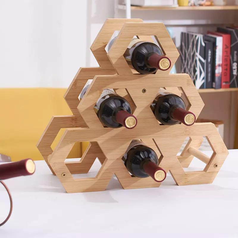 Countertop Honeycomb Hexagon Geometry Shape Bamboo Wine Bottle Display Shelf Holder Rack