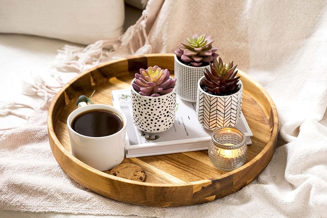 Decorative 15.7′ ′ Round Acacia Wood Serving Tray Coffee Table Tray