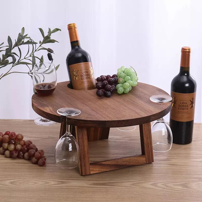 Portable Solid Acacia Wooden Round Wine Outdoor Folding Picnic Table with 4 Wine Glass Holder