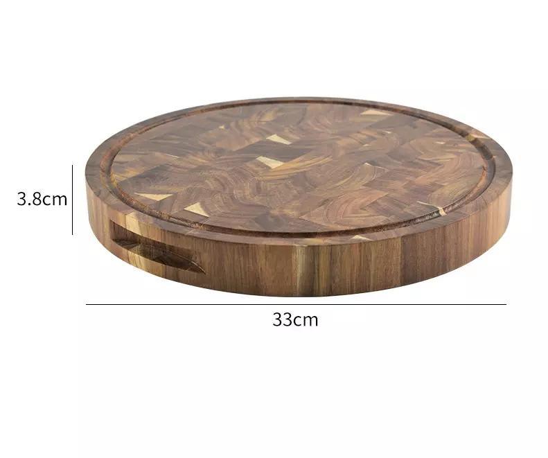 Thick End Grain Round Acacia Wooden Chopping Board Wooden Butcher Block with Two Handles for Kitchen