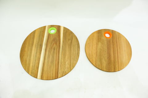 Round Acacia Wood Chopping Board Serving Board Set of 2 with Silicone Hanging Hole