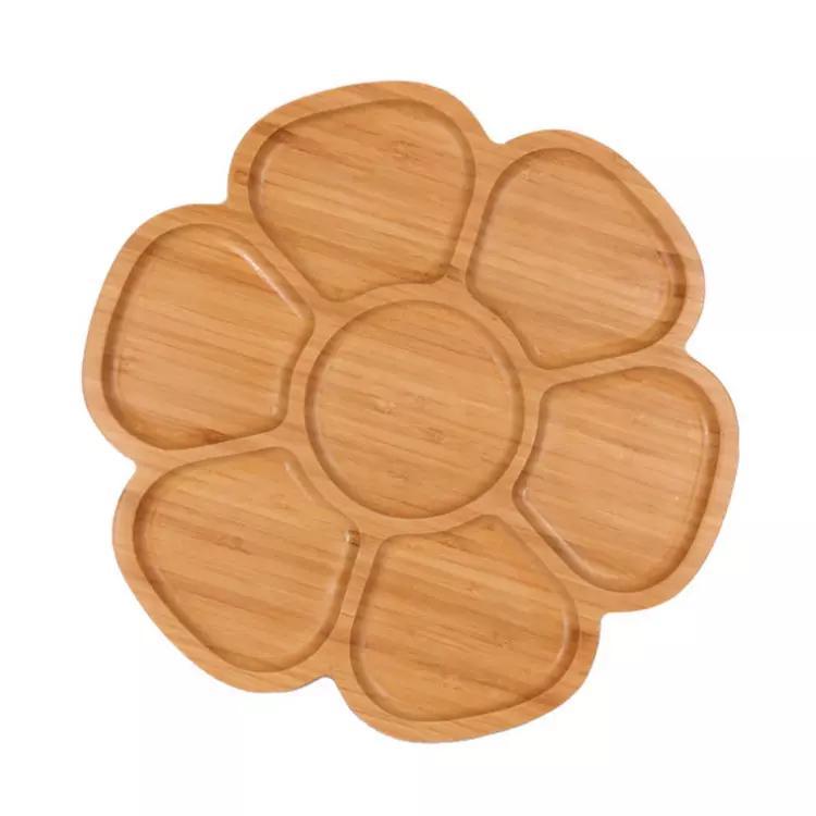 6-Section Flower Shape Round Bamboo Nut Candy Tray Compartment Snack Serving Tray with Dividers
