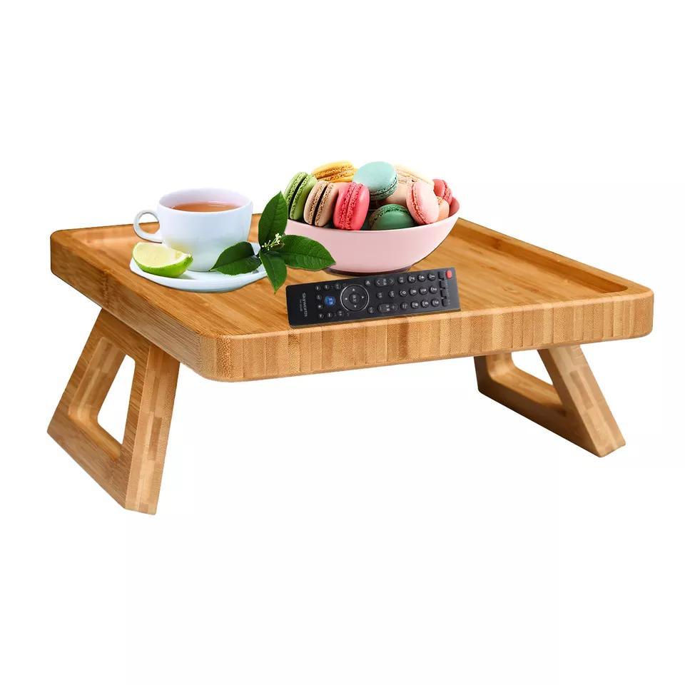 Collapsible Bamboo Coffee and Sofa Tables Clip on Couches Armrest Organizer Wooden Side Arm Tray Table