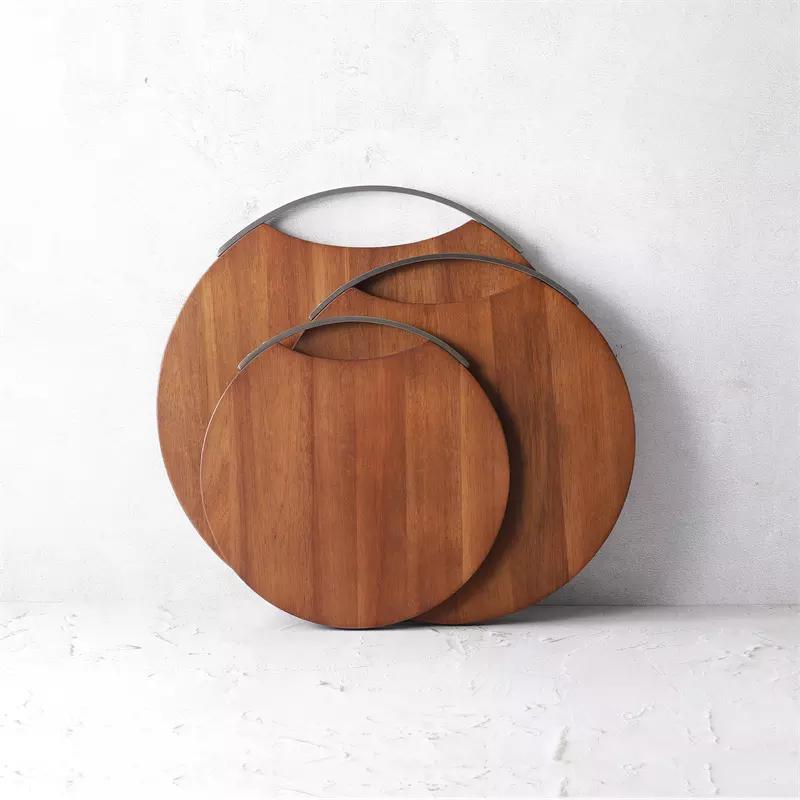 Custom Metal Handle Round Chopping Block Acacia Wood Cutting Board