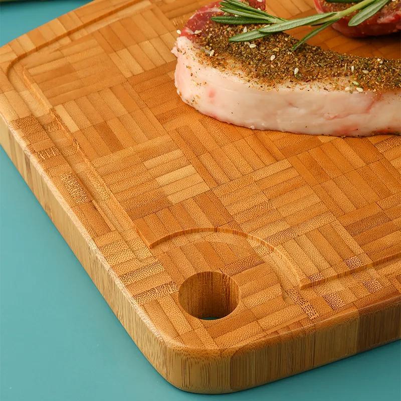 End Grain Thick Bamboo Cutting Board Chopping Blocks with Juice Grooves and Round Wall Hole