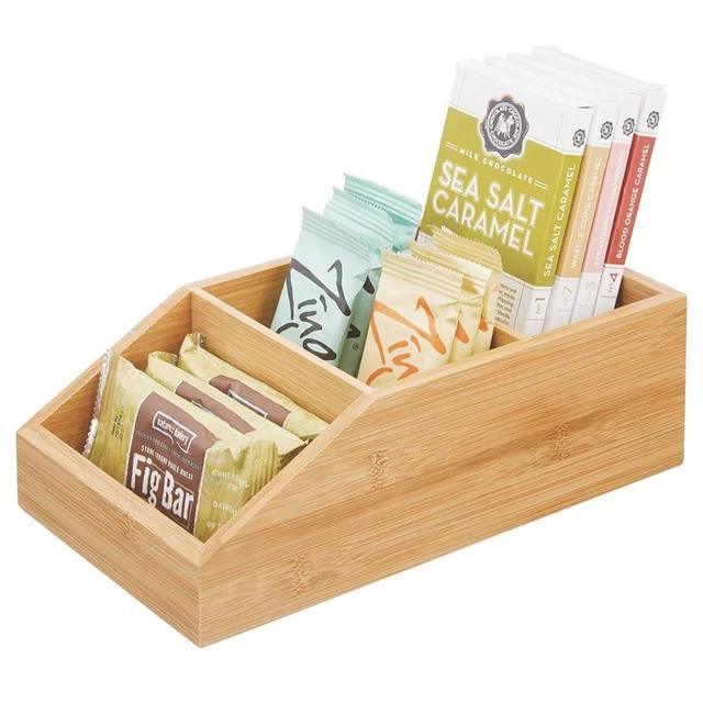 Bamboo Wood Compact Bathroom Storage Organizer Bin Box with 3 Divided Sections for Home