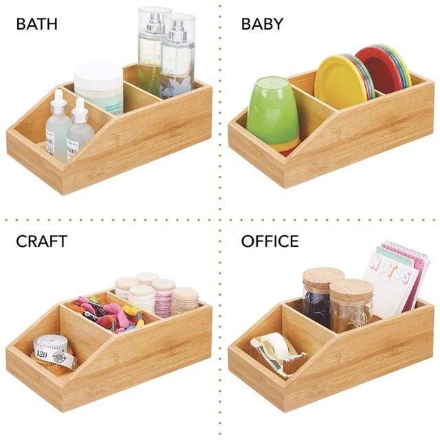 Bamboo Wood Compact Bathroom Storage Organizer Bin Box with 3 Divided Sections for Home
