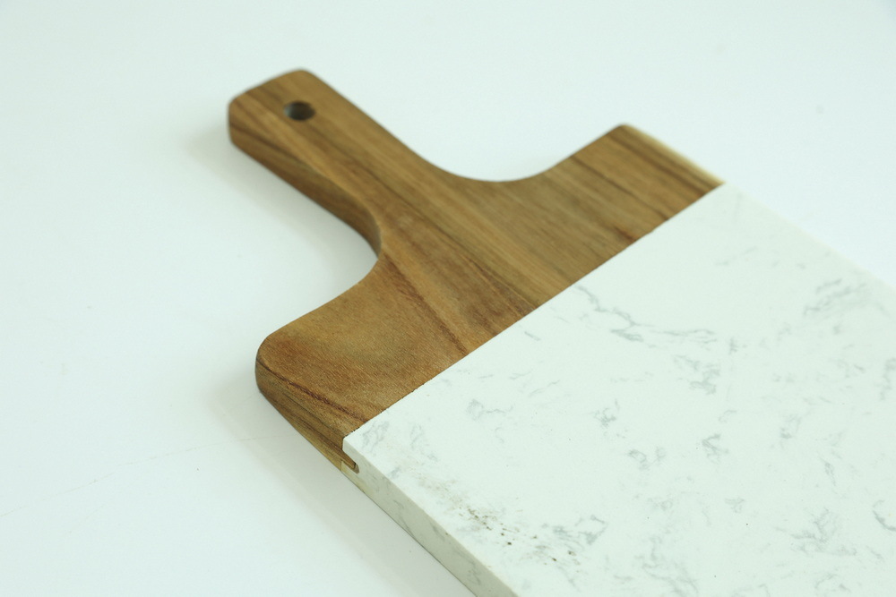 Acacia Wood and White Marble Cheese Cutting Board with Handle Serving Tray Charcuterie Platter