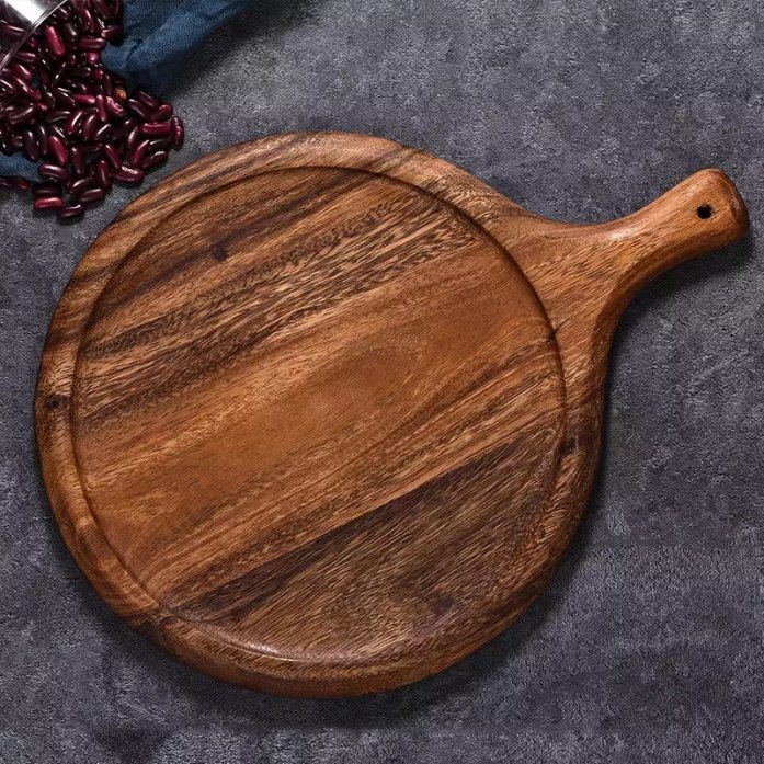 Round Acacia Wood Pizza Cutting Board with Handle