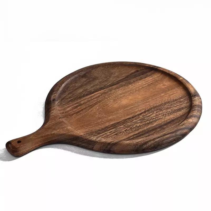 Round Acacia Wood Pizza Cutting Board with Handle