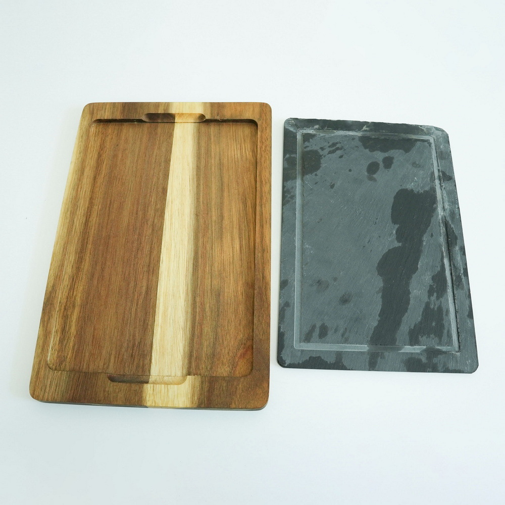 Wholesale Acacia Wood and Slate Cheese Board Set with Cheese Knives