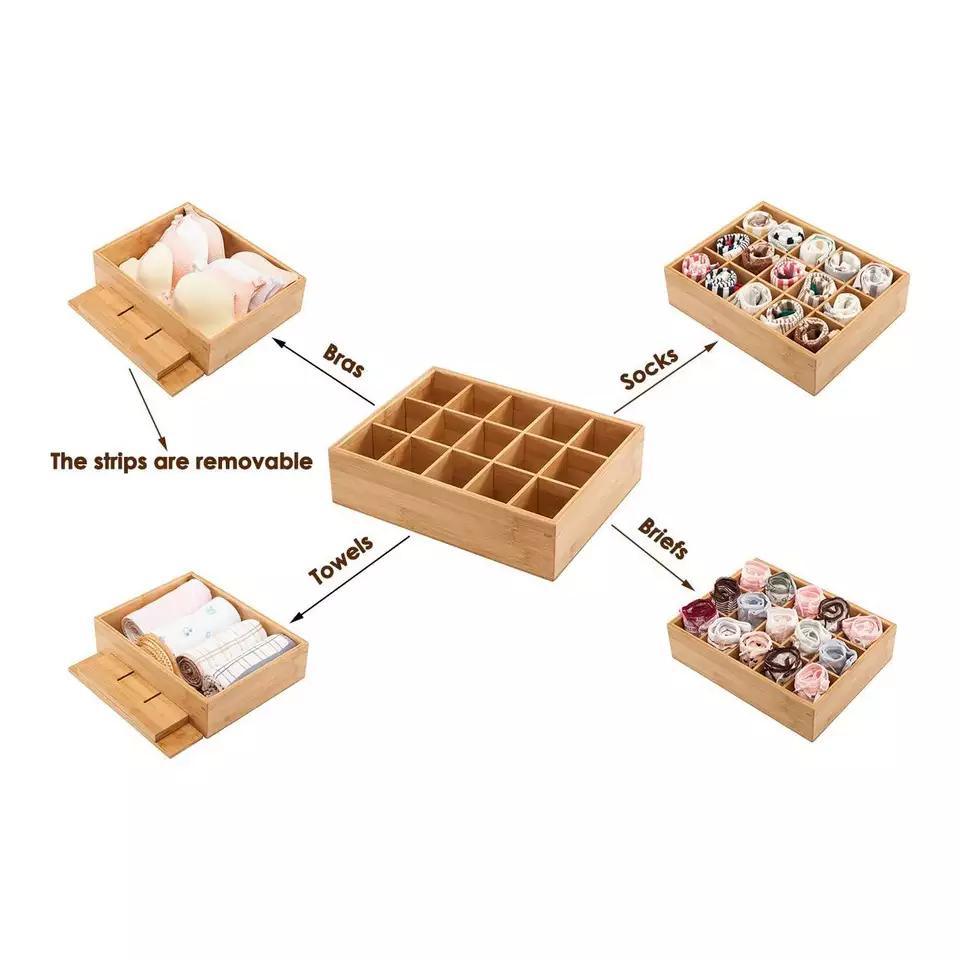 Rectangular Adjustable Multi-Compartment Bamboo Drawer Organizer for Wardrobe Drawer Belts Ties Socks Underwear