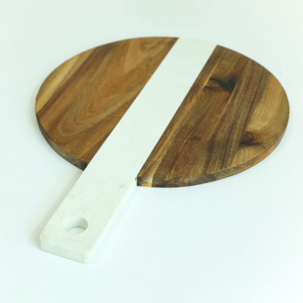 Large Round White Marble and Wood Paddle Cutting Board Cheese Board