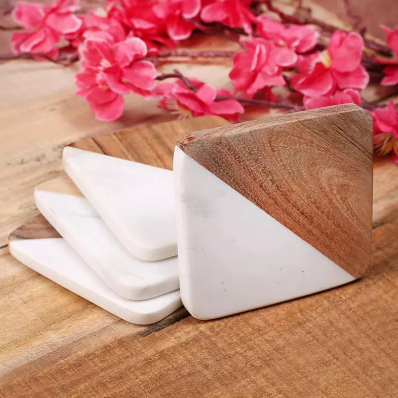Set of 4 Handcrafted White Marble & Acacia Wood Coaster Set