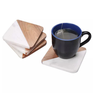 Set of 4 Handcrafted White Marble & Acacia Wood Coaster Set